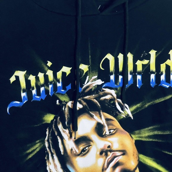 JUICE WRLD Hoodie Mens Medium Black Sweatshirt Rap Hip Hop Face Logo - Picture 4 of 8